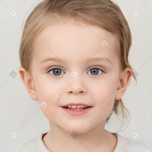 Joyful white child female with medium  brown hair and blue eyes