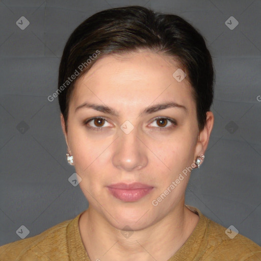 Neutral white young-adult female with short  brown hair and brown eyes