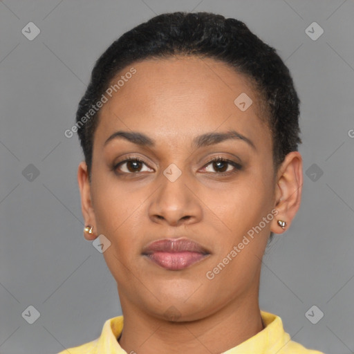 Joyful black young-adult female with short  brown hair and brown eyes