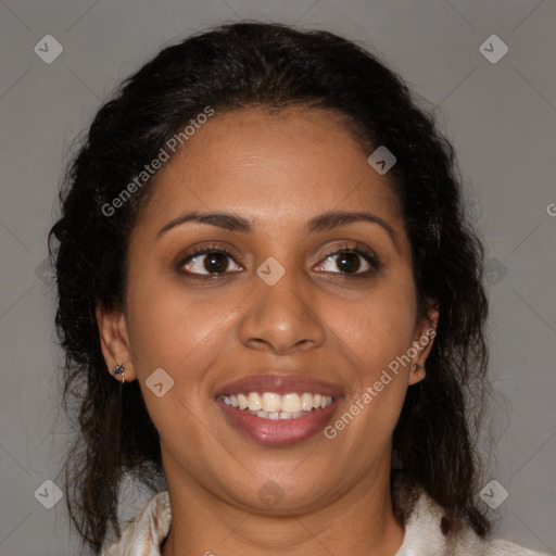 Joyful black young-adult female with medium  brown hair and brown eyes