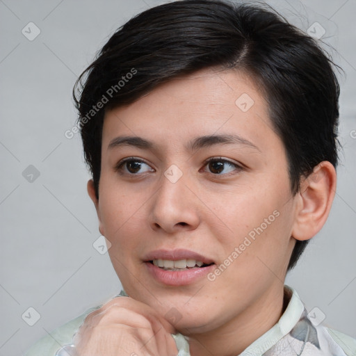 Joyful white young-adult female with short  brown hair and brown eyes