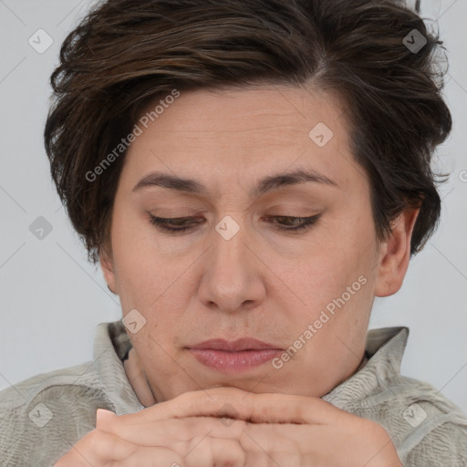 Joyful white adult female with short  brown hair and brown eyes