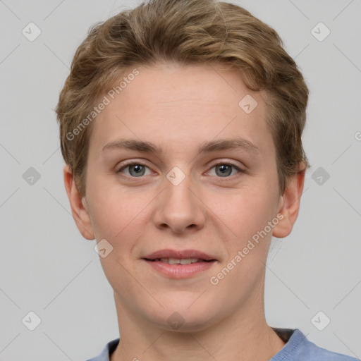 Joyful white young-adult female with short  brown hair and grey eyes