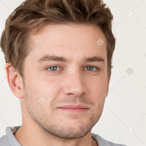 Neutral white young-adult male with short  brown hair and grey eyes