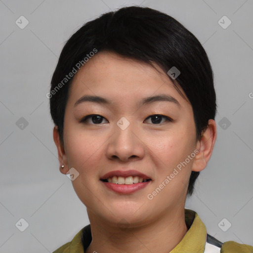 Joyful asian young-adult female with short  brown hair and brown eyes