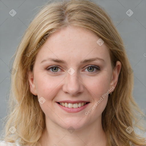 Joyful white young-adult female with long  brown hair and blue eyes