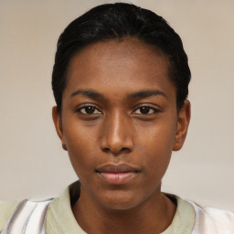 Neutral black young-adult female with short  black hair and brown eyes