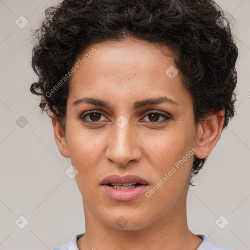 Joyful white young-adult female with short  brown hair and brown eyes