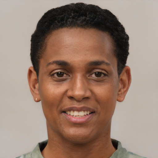 Joyful black young-adult female with short  black hair and brown eyes