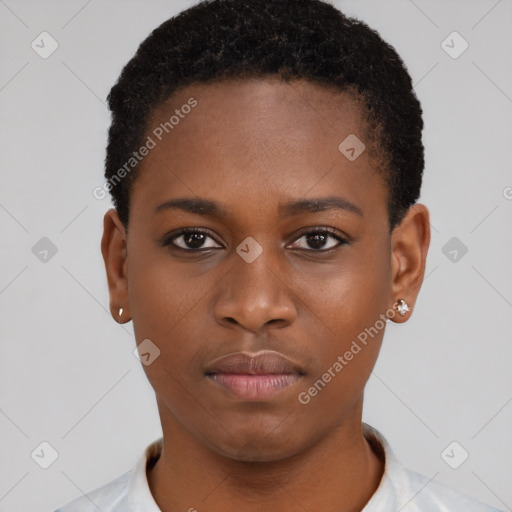 Neutral black young-adult female with short  black hair and brown eyes