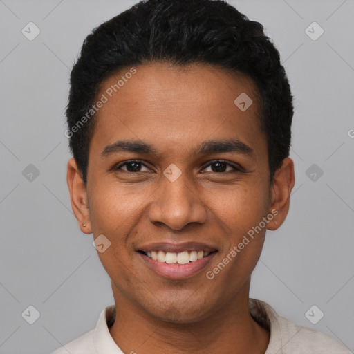 Joyful latino young-adult male with short  black hair and brown eyes