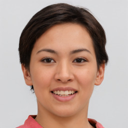 Joyful asian young-adult female with short  brown hair and brown eyes