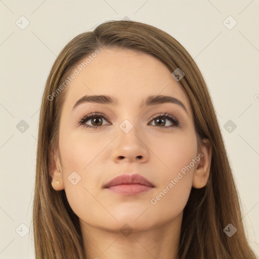 Neutral white young-adult female with long  brown hair and brown eyes