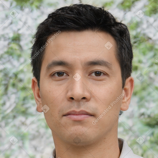 Neutral asian young-adult male with short  black hair and brown eyes