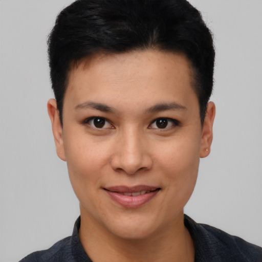 Joyful white young-adult female with short  black hair and brown eyes