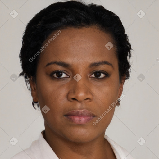 Neutral black young-adult female with short  black hair and brown eyes