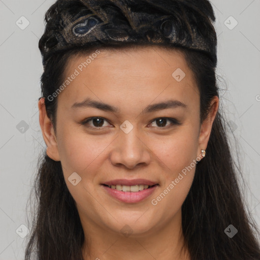 Joyful latino young-adult female with long  brown hair and brown eyes