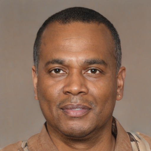 Joyful latino adult male with short  black hair and brown eyes