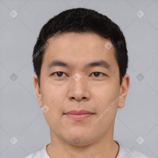 Neutral asian young-adult male with short  black hair and brown eyes