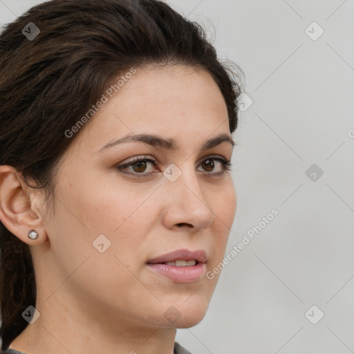 Neutral white young-adult female with medium  brown hair and brown eyes