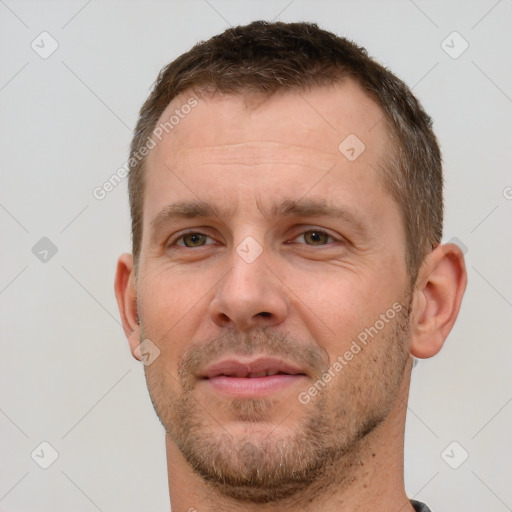 Neutral white adult male with short  brown hair and brown eyes