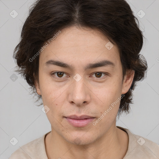 Neutral white young-adult female with short  brown hair and brown eyes