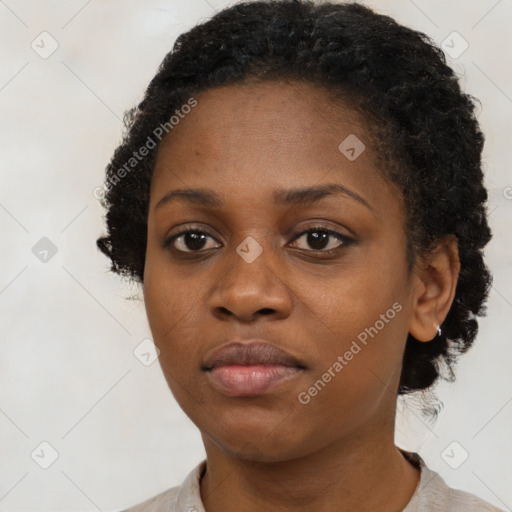 Neutral black young-adult female with short  black hair and brown eyes