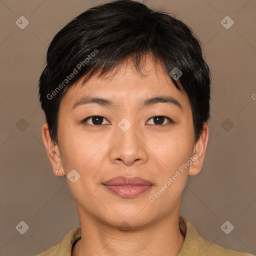 Joyful asian young-adult female with short  brown hair and brown eyes