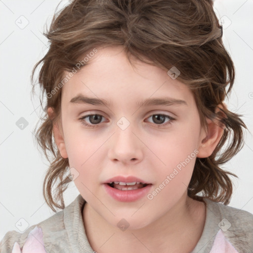 Joyful white child female with medium  brown hair and brown eyes