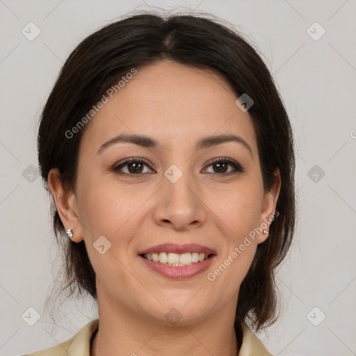 Joyful latino young-adult female with medium  brown hair and brown eyes