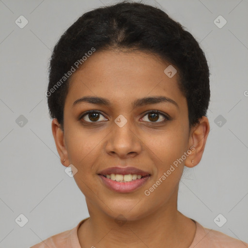 Joyful latino young-adult female with short  brown hair and brown eyes