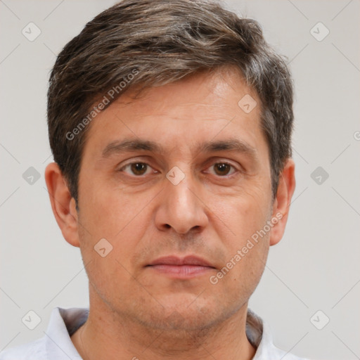 Neutral white adult male with short  brown hair and brown eyes