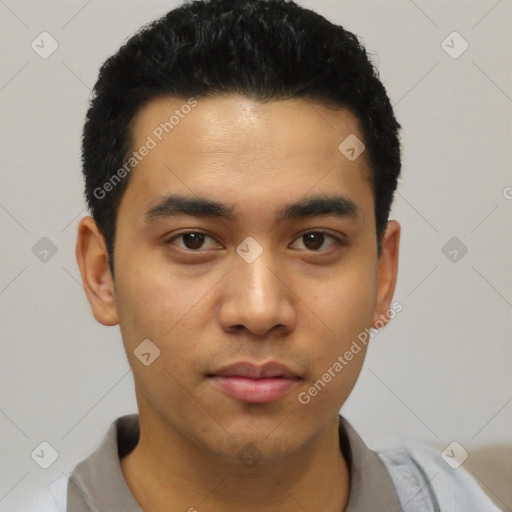 Neutral asian young-adult male with short  black hair and brown eyes