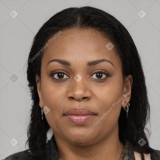 Joyful black young-adult female with medium  black hair and brown eyes