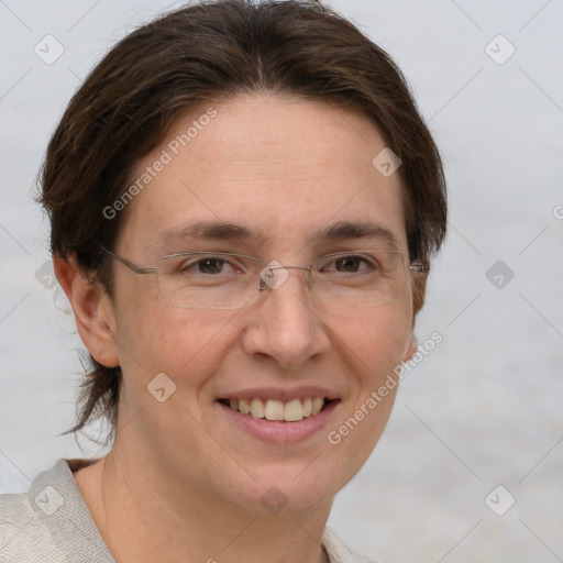 Joyful white adult female with short  brown hair and grey eyes