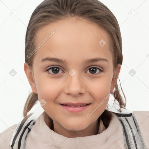 Joyful white child female with medium  brown hair and brown eyes