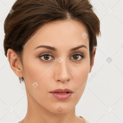 Neutral white young-adult female with short  brown hair and brown eyes