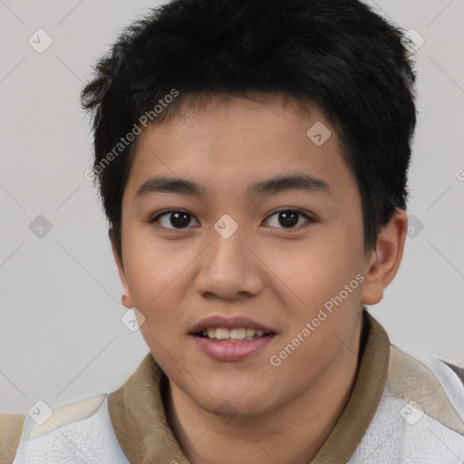 Joyful latino young-adult male with short  brown hair and brown eyes