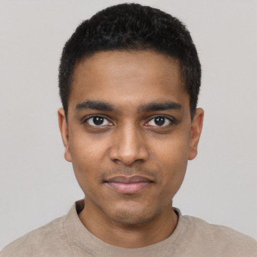 Neutral black young-adult male with short  black hair and brown eyes