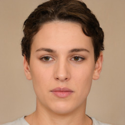 Neutral white young-adult female with short  brown hair and brown eyes