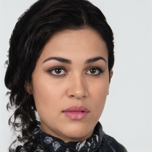 Neutral white young-adult female with medium  black hair and brown eyes