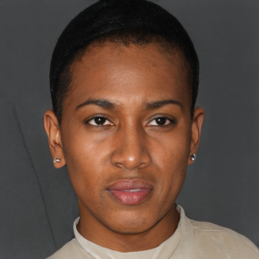 Neutral latino young-adult female with short  brown hair and brown eyes
