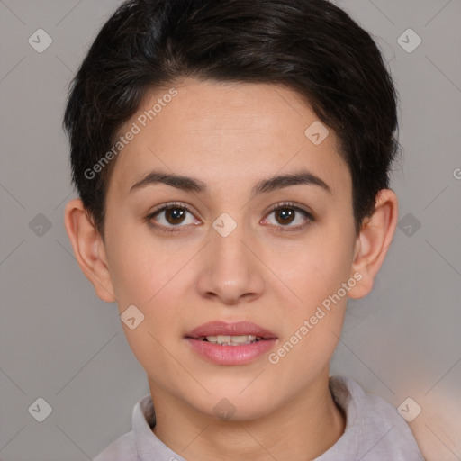 Joyful white young-adult female with short  brown hair and brown eyes