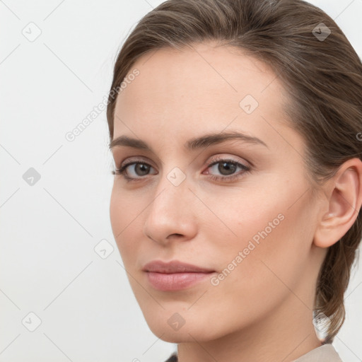 Neutral white young-adult female with medium  brown hair and grey eyes