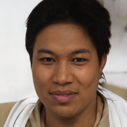 Joyful white young-adult female with short  black hair and brown eyes