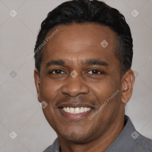 Joyful latino adult male with short  black hair and brown eyes