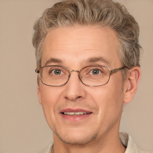 Joyful white middle-aged male with short  brown hair and brown eyes