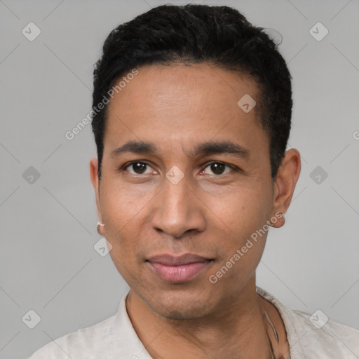 Neutral latino adult male with short  black hair and brown eyes