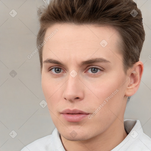 Neutral white young-adult male with short  brown hair and grey eyes