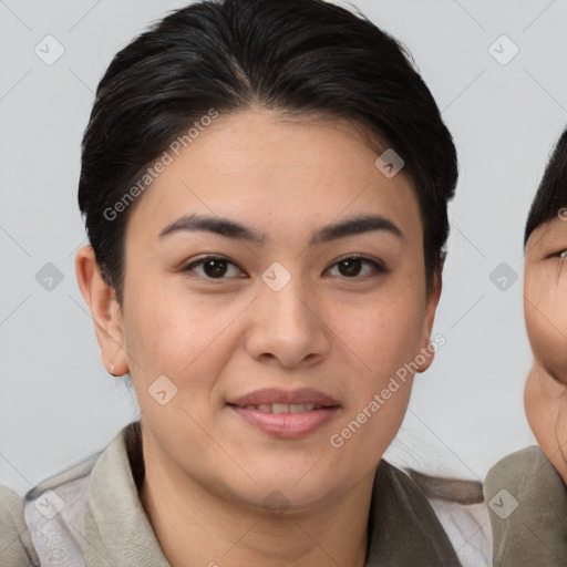 Joyful asian young-adult female with medium  brown hair and brown eyes